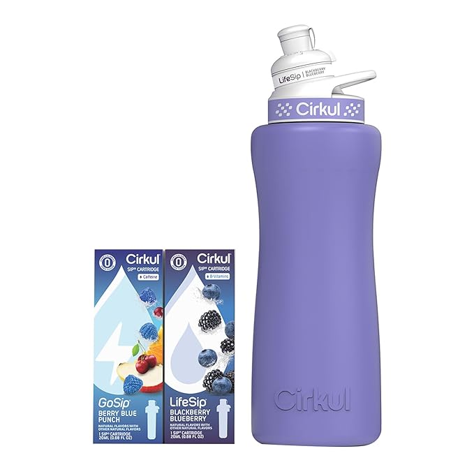 Cirkul 32oz. Matte Periwinkle Stainless Steel Water Bottle Starter Kit with Periwinkle Lid, 2 Flavor Cartridges (1 LifeSip Blackberry Blueberry, 1 GoSip Berry Blue Punch) No Sugar, Zero Calorie Drink Mix