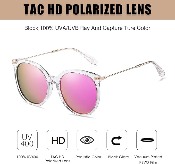 DUCO Oversized Polarized Sunglasses Womens Trendy Mirrored Shades Retro Round Vintage Light Weight UV400 Sun Glasses W016