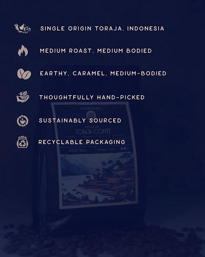 Komodo Koffee Organic Toraja Specialty Coffee sourced from Toraja, Indonesia - Whole bean - Medium Roast 8.8oz (250g)