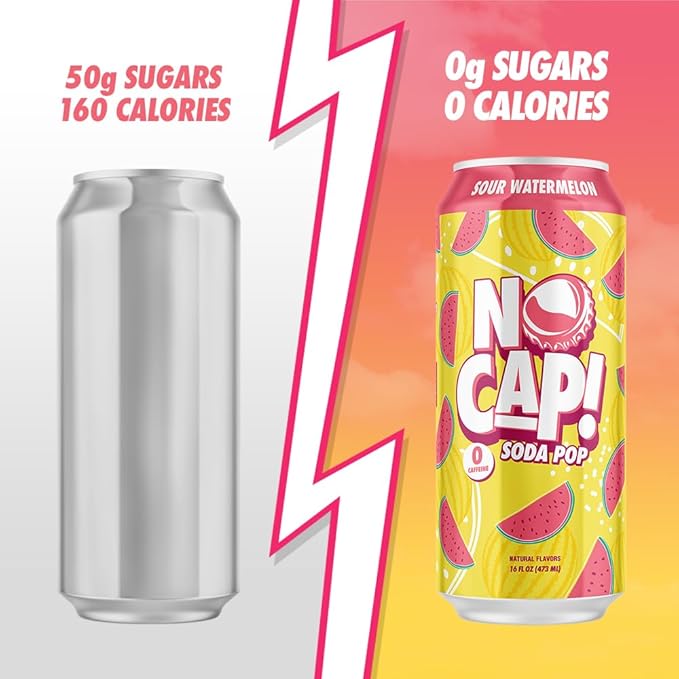 No Cap! Healthy Soda Drinks For Kids, Teenagers & Adults, Zero Sugar, Zero Calorie, Caffeine Free, 16 Oz Cans, (12 Pack Sour Watermelon)