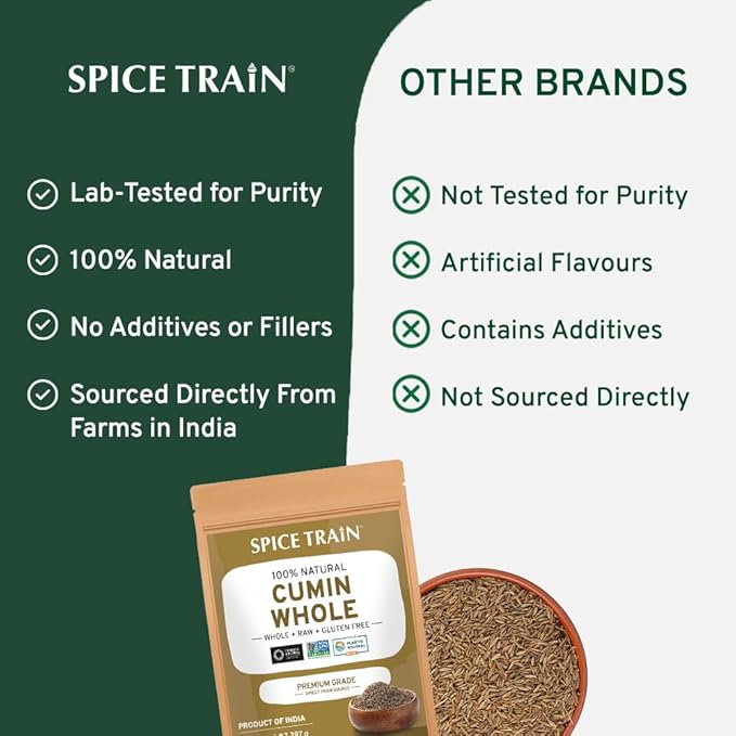 SPICE TRAIN Cumin Seeds (397g/14oz) Non GMO, Gluten Free, 100% Raw, Sourced from India, Excellent Flavor, Aromatic, For Tempering, Spice Blends and Seasonings, Packed in Resealable Ziplock Pouch