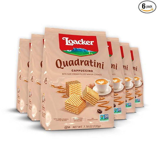 Loacker Quadratini Cappuccino Wafer Cookies LARGE - Premium Crispy Bite Size Wafers - 30% Less Sugar - NON-GMO - LARGE Pack of 6