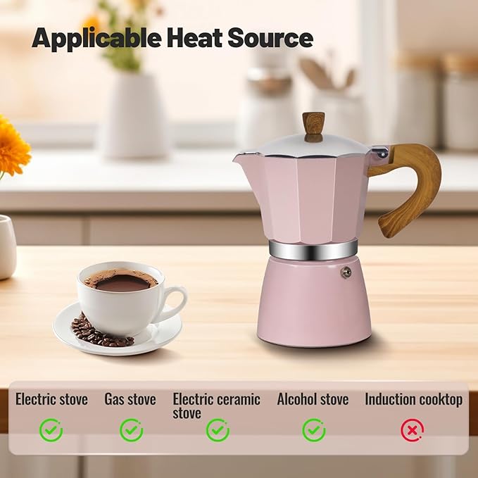 3 Cup Aluminum Moka Pot Classic Stovetop Espresso Coffee Maker 150ml 5oz Coffeemaker Percolator Mocha Pot Greca Coffee Maker Cafe Makers for Italian and Cuban Cafì±?Brewing Pink