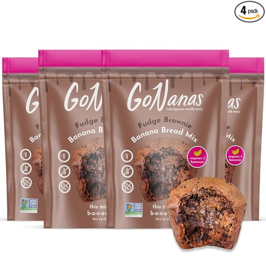 GoNanas Fudge Brownie Oat Flour Banana Bread Mix, Suitable for Plant Based Vegan Diets, Gluten Free Dairy Free Snacks, Healthy Snacks For Adults, Muffin Mix, Nut Free, Cupcakes Dessert, NON-GMO, 4pk