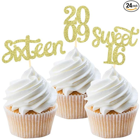 24 Pcs Sweet 16 Gold Glitter Birthday Cupcake Toppers for 16th Birthday Celebrating Party Decorations (Gold)