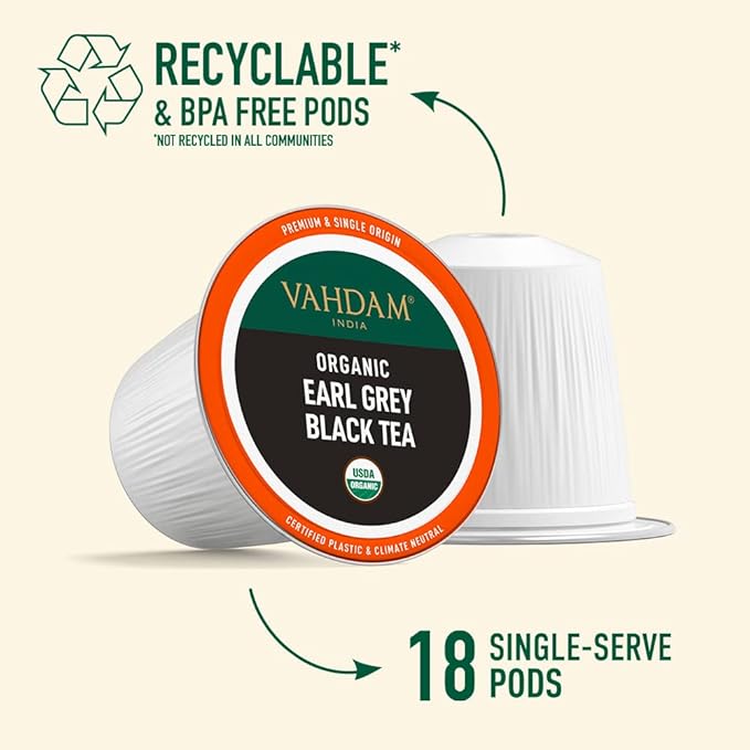 VAHDAM Organic Earl Grey Black Tea K Cup (18 Pods) Keurig Compatible | USDA Organic Black Tea with Citrusy Bergamot, Med Caffeine | BPA Free & Recyclable Pods, Single Serve