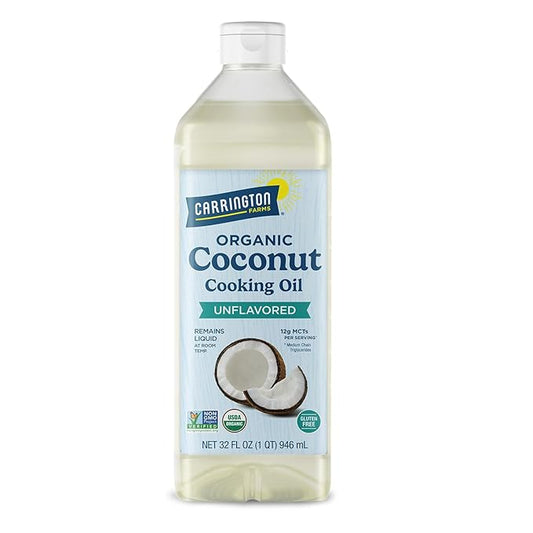 Carrington Farms Organic Liquid Coconut Cooking Oil, 32 Fl Oz ?밬nflavored, Unscented, High Smoke Point, MCT-Rich, No Trans Fat ??For Cooking, Saut챕ing, Frying & Baking ??Gluten Free, Non-GMO, Hexane Free, BPA Free Bottle