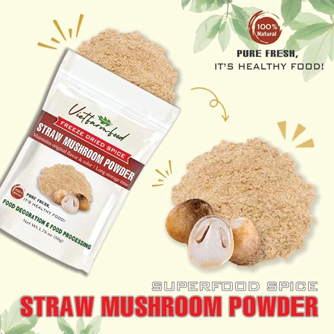 STRAW MUSHROOM POWDER 1.76 Oz (50g) VIETFARMFOOD: Pure, natural freeze-dried spice made from real vegetables and fruits - perfect for enhancing every meal, from cooking, baking, salads, soups, sauces
