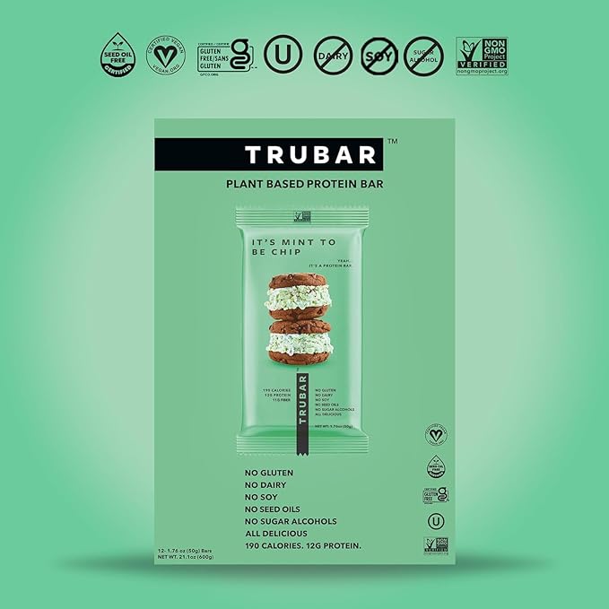 TRUBAR Vegan Protein Bar, It???Mint to Be Chip, Gluten Free, Plant Based High Fiber, Dairy Free, Non GMO, Low Fat, No Sugar Alcohols, 12G Lean Protein, 13G Fiber, Healthy Snack Bars, 12 CT