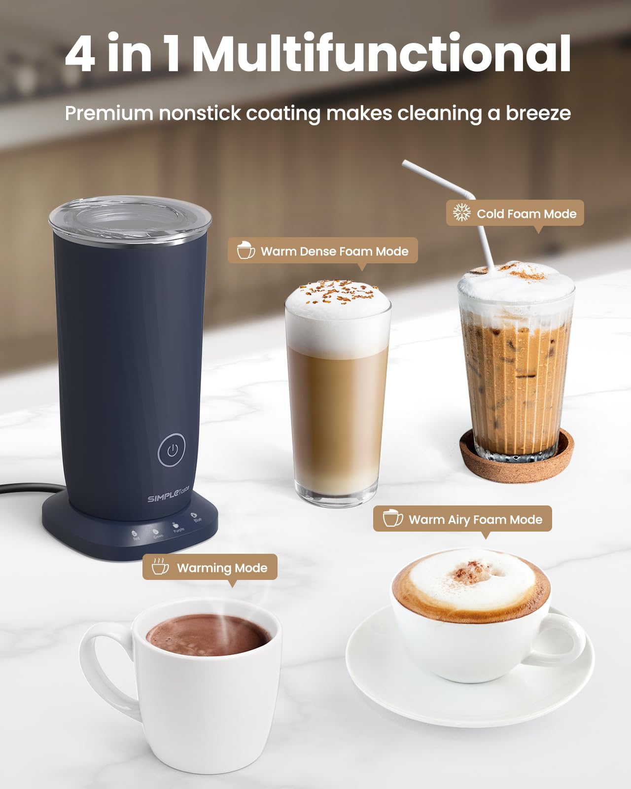 SIMPLETASTE Milk Frother, 4-in-1 Electric Automatic Milk Steamer, Dark Blue