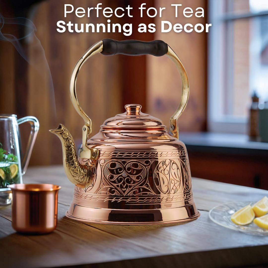DEMMEX Heavy Gauge 1mm Thick Engraved Solid Copper Tea Pot Kettle Stovetop Teapot, Handmade