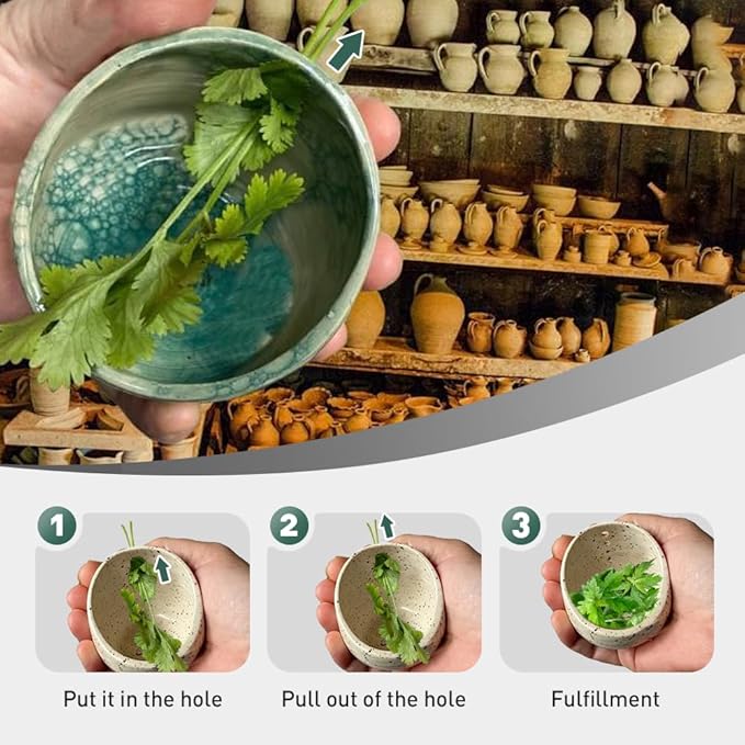 Pottery Herb Stripper Bowl, 2025 Upgrade Pottery Herb Stripper Cup Ceramic Herb Peeling Cup, Handmade Different Round Hole Sizes Suitable for Peeling Off The Leafy Assembly (A)