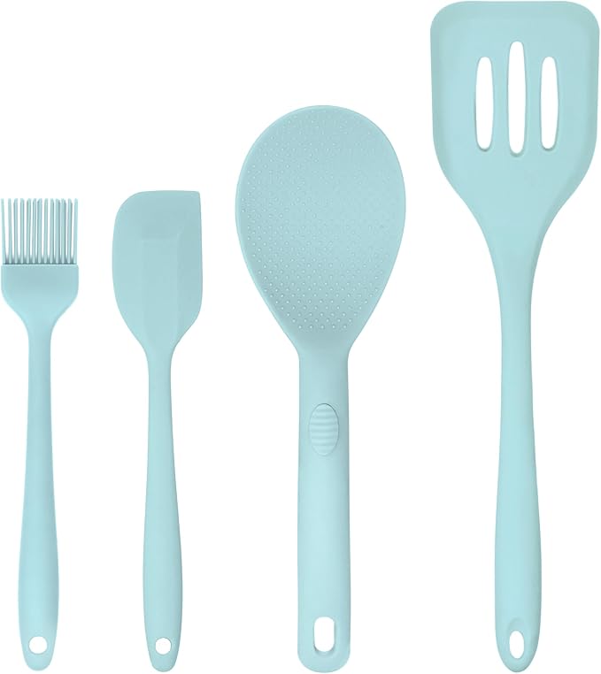 Silicone Utensils 4-Piece Set ??Rubber Spatula, Pastry Brush, Slotted Turner, and Rice Paddle ??Complete Heat-Resistant Set for Non-Stick Cookware ??Kitchen Tools for Cooking and Baking ??Pastel Blue