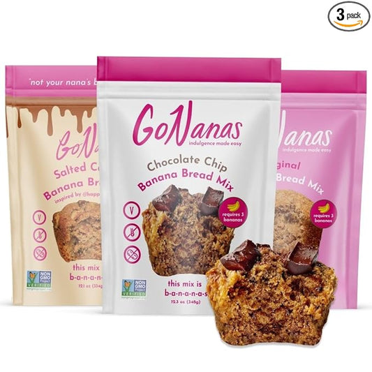 GoNanas Banana Bread Mix Variety Pack. Vegan, Gluten Free Healthy Snacks. Oat Flour Banana Bread or Banana Muffin Mix. Women Owned, US Ingredients, Dairy Free, Nut Free, Delicious Snacks (3 Pack)