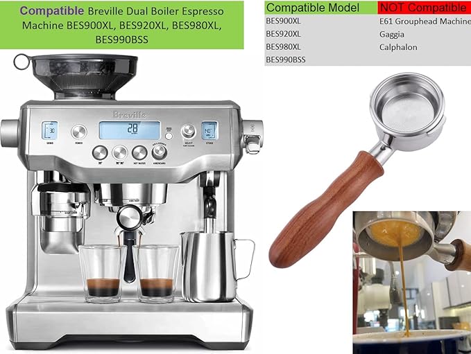 Stainless Steel Naked Bottomless Portafilter - Coffee Portafilter for Breville BES900XL, BES920XL, BES980XL, BES990BSS Espresso Machine - Wooden Handle