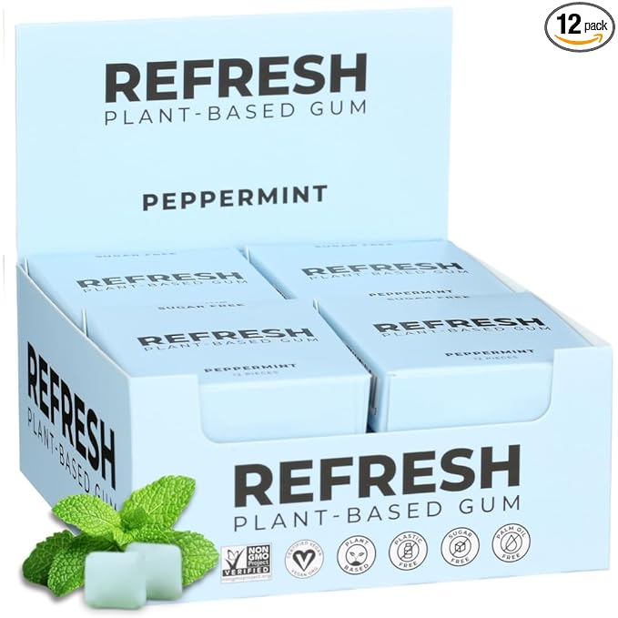 Refresh Gum, Xylitol, Natural, Sugar Free, Long Lasting, Plastic Free, Natural Flavors & Organic Ingredients, Plant-Based, Low Calorie, Non GMO, Gluten Free, Vegan, Peppermint, 12 Pcs, 12 Pck