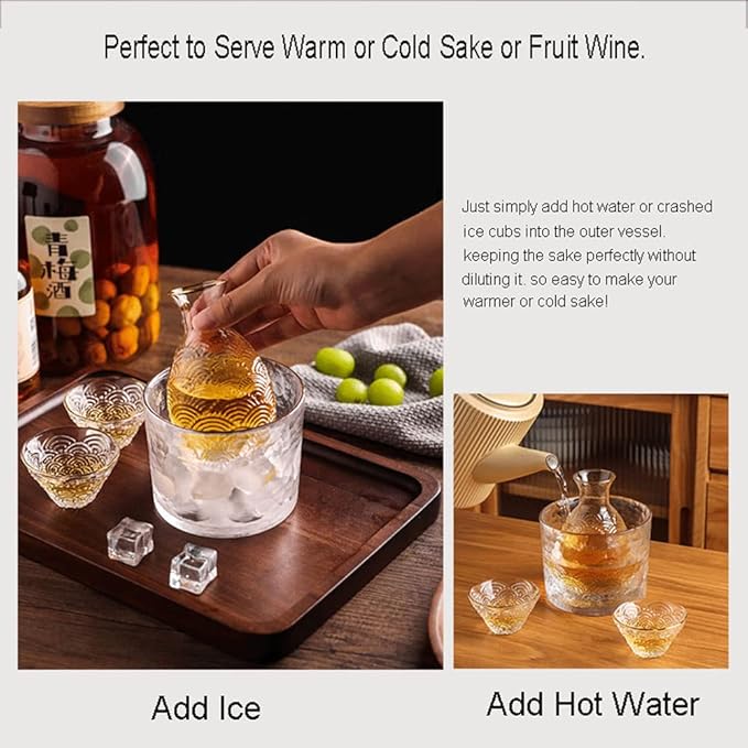 Glass Sake Set, Clear Glass Sake Bottle Set Including 1 Warming Mug, 1 Sake Pot, 4 Sake Cups, Sake Set Hot Sake or Iced Sake for Sake Lovers