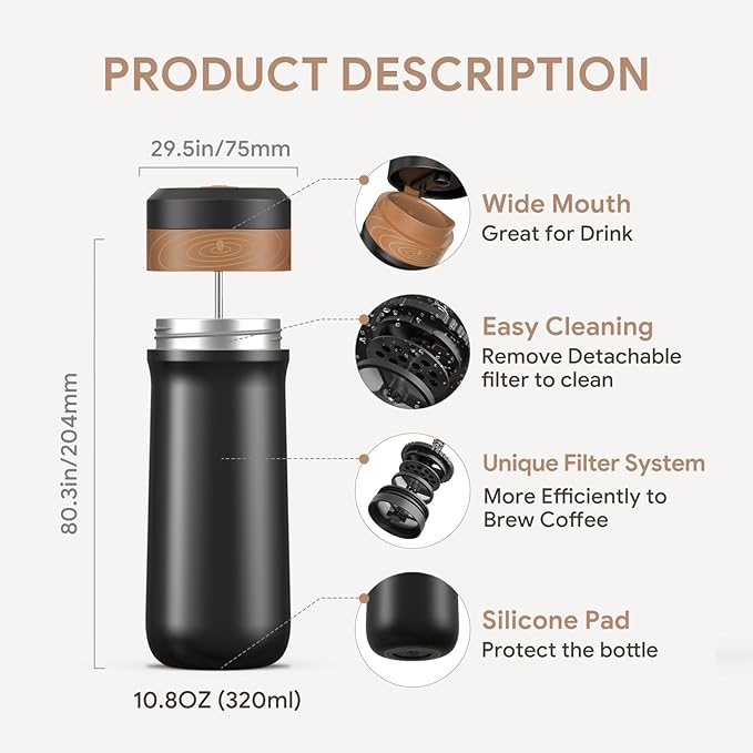 The Original Portable French Press Stainless Steel Coffee Maker Premium Vacuum Insulated Travel Mug Hot & Cold Brew French Presses (Black upgraded Version)