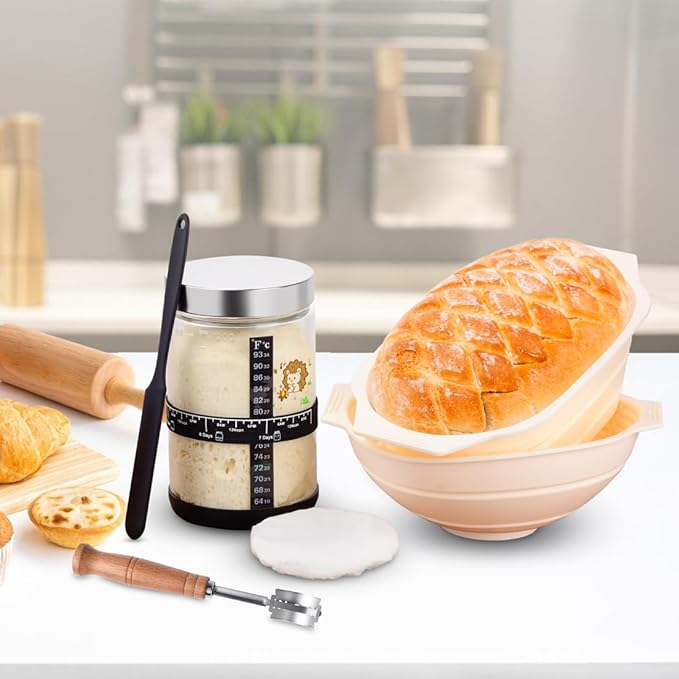 40oz Large Sourdough Starter Jar Glass Kit Wide Mouth with Silicone Bread Proofing Basket & Spatula, Aluminum Lid, Cloth Cover, Date Marked Band, Thermometer