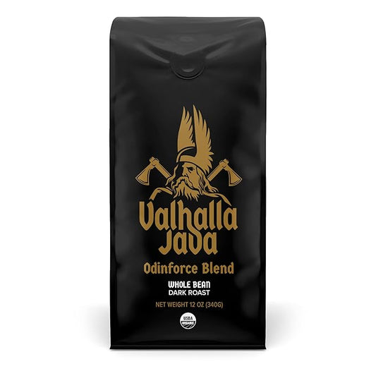 Death Wish Coffee, Valhalla Java Odinforce Blend - Whole Bean Dark Roast - Extra Kick of Caffeine - Arabica & Robusta Coffee Beans - 12 Ounce (Pack of 1)