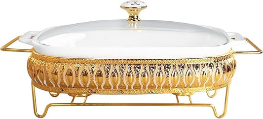 10" x 7" Ceramic Rectangular Casserole Dish with Glass Lid and Gold rack, 1.3 Quart White Serving Soup Tureen,Chafing Dish for Buffet, Family Food Tray, Catering Casserole for Party Style
