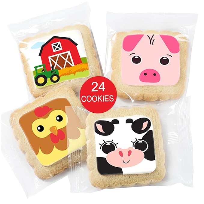 Farm Animal Cookies 24 Pack Party Favors Decorated Bulk | INDIVIDUALLY WRAPPED Sugar Cookies | Barn Yard Baby Shower Birthday Party | Peanut & Nut Free | Barn Tractor Pig Cow Chicken Treats