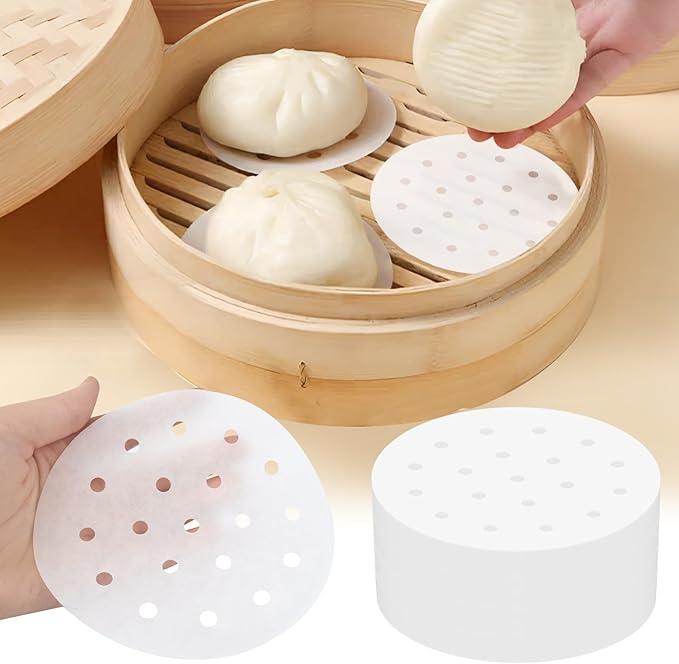 200pcs Air Fryer Liners, 5 inches Bamboo Steamer Liners, Premium Perforated Parchment Steaming Papers, Non-stick Steamer Mat Liner for Air Fryers Baking Cooking Oven