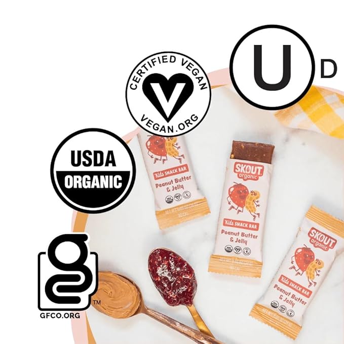 Skout Organic Peanut Butter & Jelly Real Food Bars for Kids (18 Pack) | Organic Snacks for Kids | Plant-Based Nutrition, No Refined Sugar | Vegan | Gluten, Dairy, Grain & Soy Free