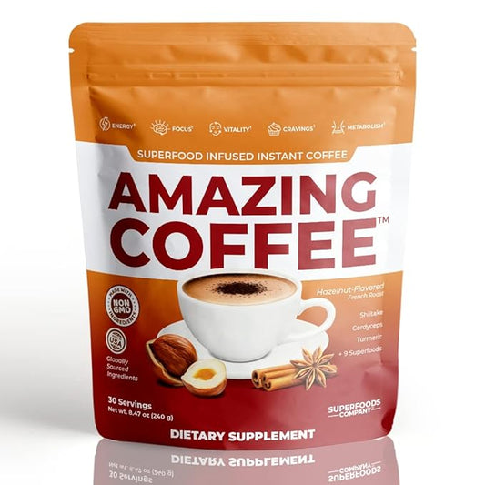 Superfoods Company | Amazing Coffee - Instant French Roast | Adaptogenic Mushrooms, Superfoods - Energy, Focus, Digestion, Immunity - 30 Servings - Hazelnut Flavor