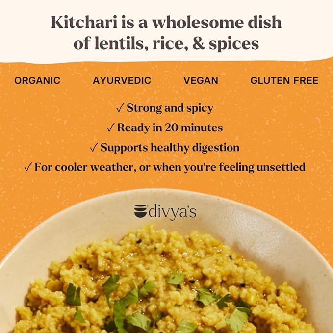 Divya's Warming Kitchari, Rich & Peppery, One-Pot Ayurvedic Meal with Grains, Lentils, & Spices, Healthy & Nourishing Plant-Based Meal, Vegan, Non-GMO, Gluten Free, Organic, Family Size - 4 Meals