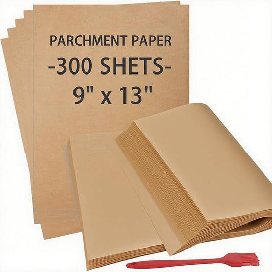 300 PCS Parchment Paper Sheets, YULEER 9x13 Inches Non-Stick Precut Baking Parchment with Silicone Brush, Unbleached Baking Sheets, Half Sheet for Baking Cooking Grilling Roasting, Bread Cookie Cake