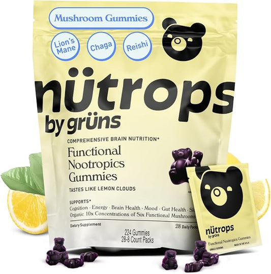 Nutrops Lions Mane Mushroom Gummies for Adults, Functional Nootropics, Herbal Brain Supplement for
