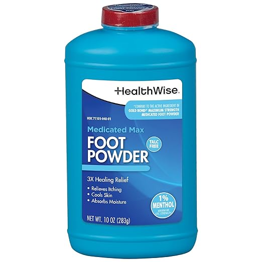 HealthWise Medicated Maximum Strength Foot Powder | 1% Menthol | Talc Free | Anti-itch Healing Relief | Cools Skin | Absorbs Moisture | 10 oz (283g)