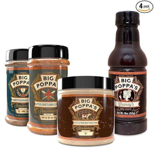 Big Poppa's Brisket Bundle (4-Pack) ??Featuring Succulent Competition Brisket & Steak Seasoning, Beef Injection, Garlic and Pepper Spice Mix & Granny's BBQ Sauce - Ultimate BBQ Seasoning Kit