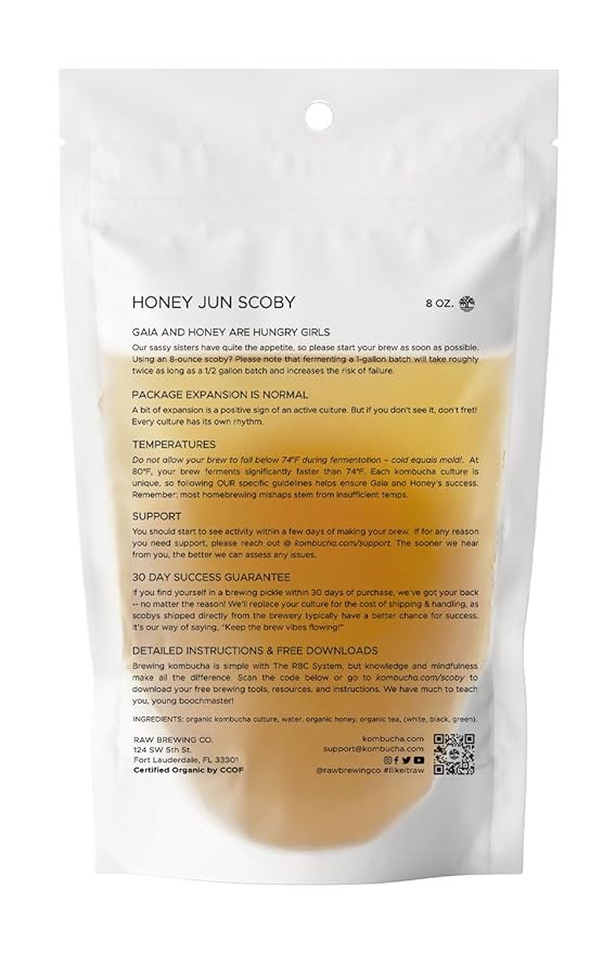 Raw Brewing Company Kombucha.com Certified Organic JUN Kombucha Scoby (Honey) + SUPER STRONG starter liquid. 8 oz. Makes 1/2 or 1 Gallon. Includes FREE Kombucha.com Organic Mixed Tea Blend Sample.