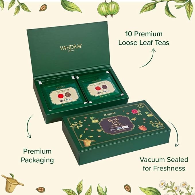 VAHDAM, Assorted Black Tea Loose Leaf Tea Gift Set (10 Flavors) Gift Ideas for Women & Men | Directly Sourced From Assam and Darjeeling | Resealable Ziplock Pouch | Gifts for Him/Her