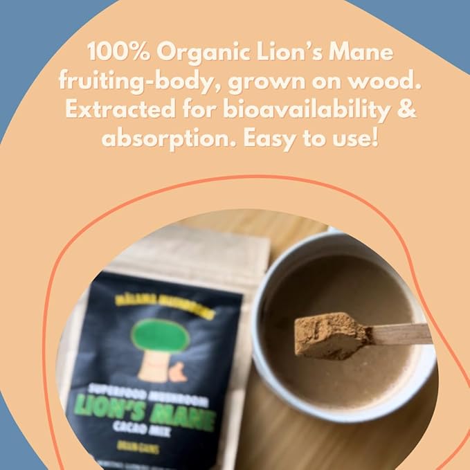 Malama Organic Mushroom Hot Cacao Mix, Lion's Mane Mushroom Powder with Fair Trade Cacao for Focus, Memory, & Immune Support ??Vegan Supplement & Superfood, Non GMO, 3.5 oz (50 Servings)