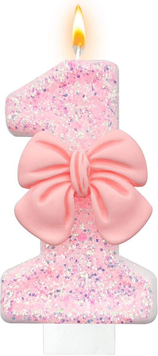 Pink Glitter Bow Birthday Candle, Smokeless, Eco-friendly, Non-Toxic, Modern, Numeric, 8cm/3in x 4cm/1.6in, 1 Count