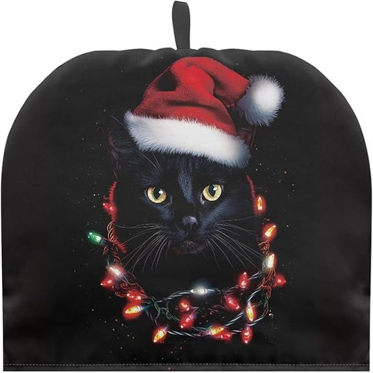 Cat with Christmas Hat Tea Cosy Breakfast Warmer, Dustproof Washable Kitchen Teapot Protective Cover Insulation and Keep Warm, Home Kitchen Table Accessories Both Sides Can Be Used