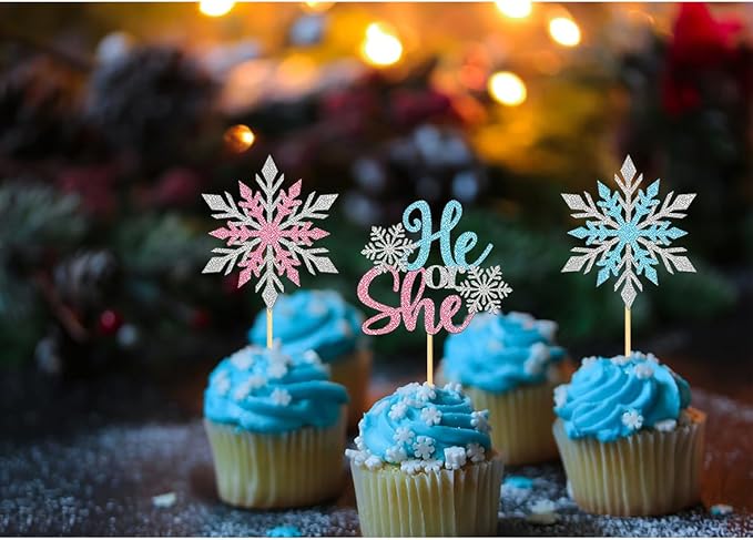 24PCS Snowflake He or She Cupcake Toppers for Gender Reveal Decorations, Frozen Snowflake Boy or Girl Cake Topper for Winter Baby Shower Decorations (B/G)