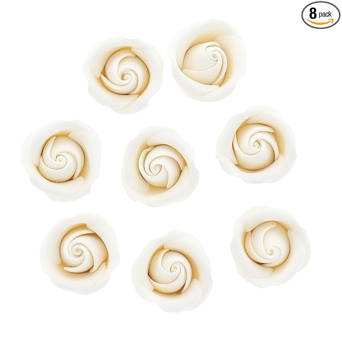 Global Sugar Art Rebecca Rose Sugar Cake Flowers, White 1 Inch with Wire, 8 Count by Chef Alan Tetreault