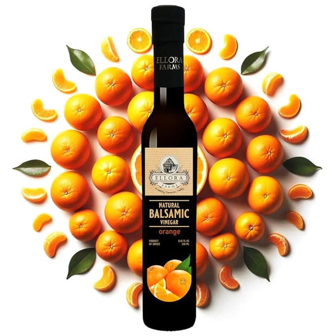 Ellora Farms, Greek Balsamic Vinegar, Orange Infused, Barrel Aged, No-added sugars, No-preservatives, Glass bottle, 8.5 oz (Orange)