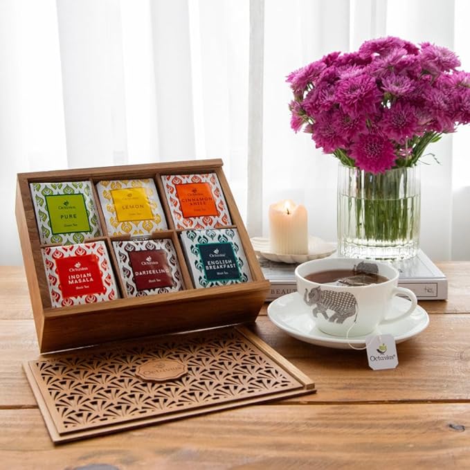 Octavius Tropical Palm Cutwork Wooden Tea Sampler Box | Premium Black & Green Tea Gift Set | 6 Flavors, 90 Tea Bags | Elegant Teas Gift Box for Tea Lovers