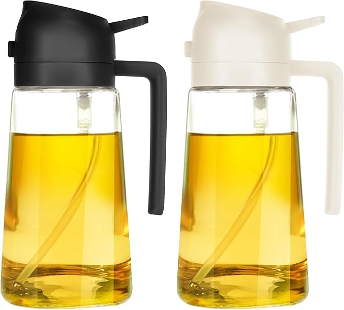 Oil Sprayer for Cooking 2 in 1, 470ml/16oz, Oil Spray & Dispenser Glass Bottle, Food-grade material for Kitchen, Salad Dressing, Frying, Air Fryer & BBQ (Black&CreamyWhite)