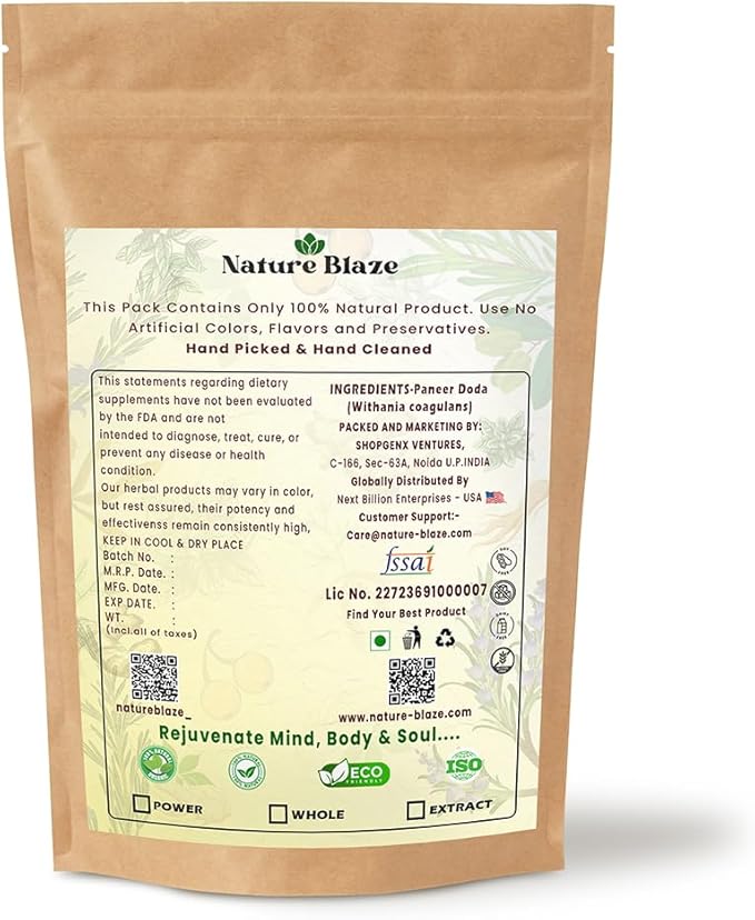 Nature Blaze Ayurveda Paneer Phool | Paneer Doda/DODI | Withania Coagulans Powder 4 Oz (114Gm / 0.25lb)