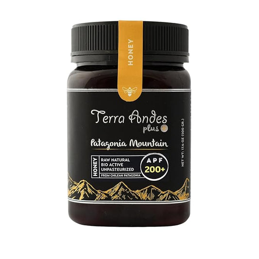 Patagonia Mountain Honey APF 100+ by TERRA ANDES PLUS | Raw natural organic honey. Highest bioactive grade. Made in Chilean Patagonia. 100% pure. NON Gmo. Awarded worldwide. Unfiltered Honey, 17.6 oz