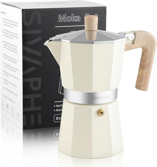 Sivaphe Aluminum Moka Pot 6 Espresso Cups, Percolator Espresso and Coffee Maker, Portable Stovetop Italian and Cuban Cafì±?Brewer for Home and Camping White