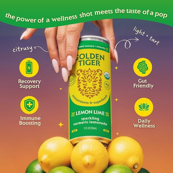 Golden Tiger Turmeric Sparkling Lemonade, Lemon Lime 12-Pack ??Curcumin & Ginger for Inflammation ??Sparkling Wellness Drink with Organic Superfoods + Antioxidants for Recovery, Immunity, Gut Health - 4g Sugar, 20 Calories
