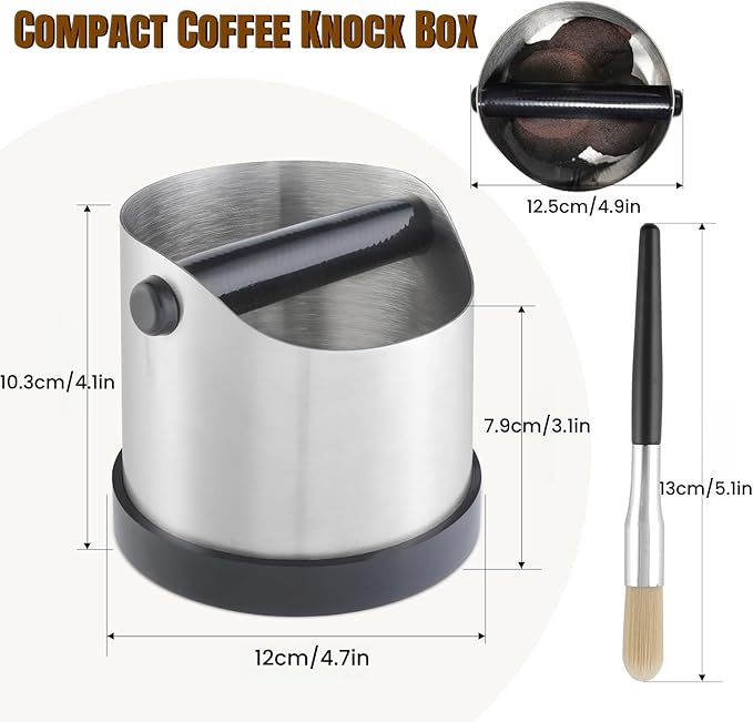 Coffee Grounds Knock Box, Small Stainless Steel Espresso Coffee Knock Box, Coffee Grind Knock Out Box with Removable Knock Bar and Coffee Brush, Coffee Grounds Container with Non-Slip Base