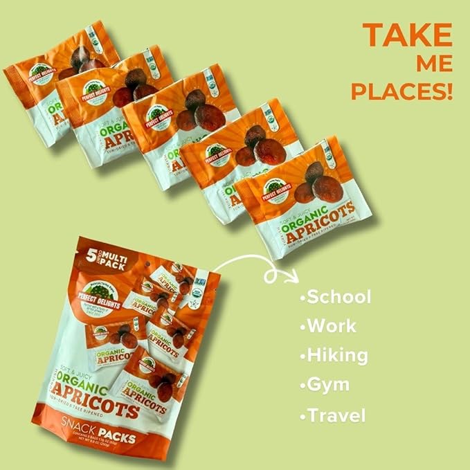 Perfect Delights Organic Snack Pack Apricot, Sun-Dried Turkish Apricots, On-the-Go Vegan, Healthy Snack, Easy-to-Carry Dried Apricots, Perfect for Kids & Adults 5 Pack (1.76 oz each)